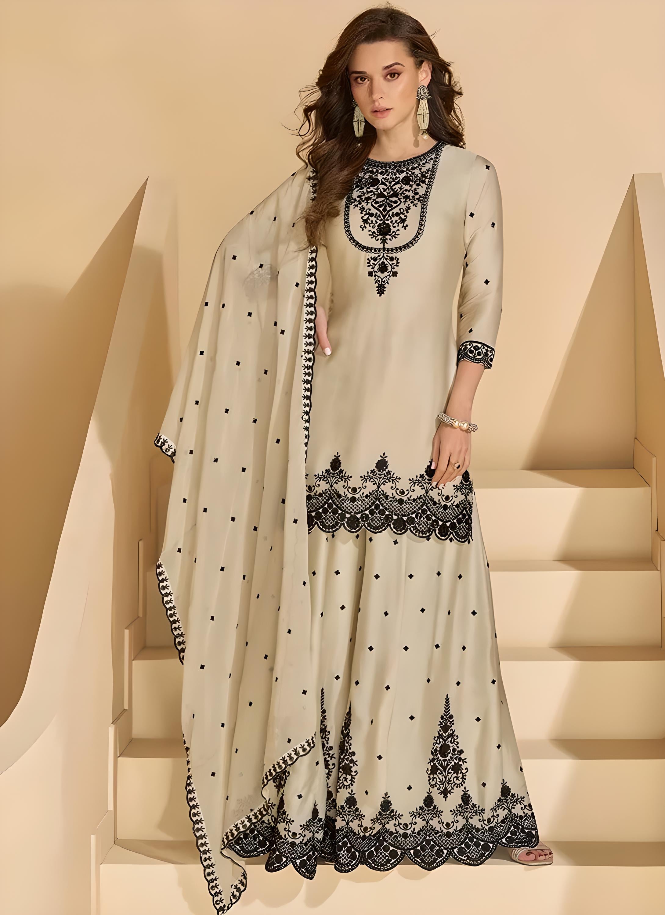 Cream Sharara Suit with Intricate Embroidery