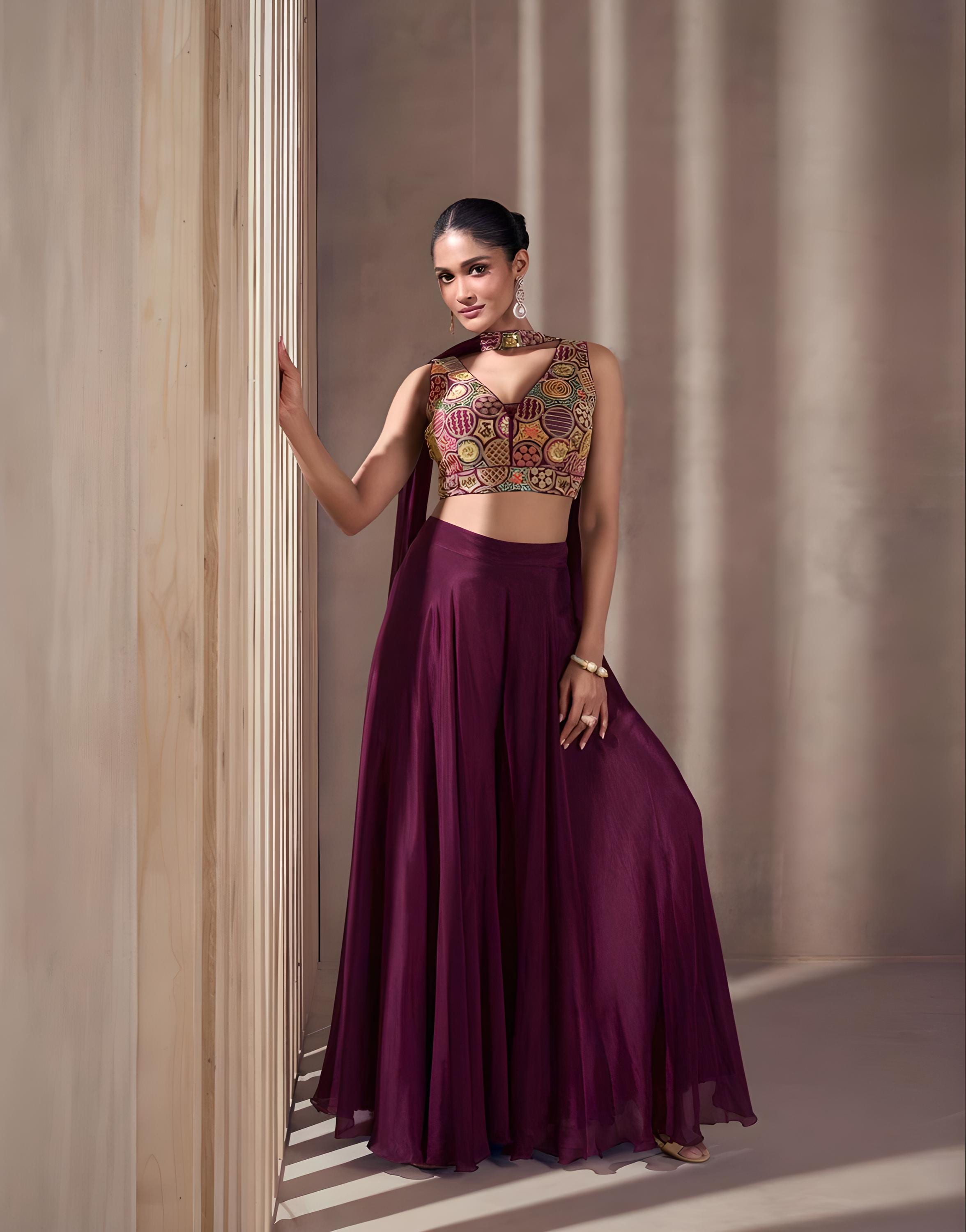 Burgundy Embroidered Lehenga Choli Set