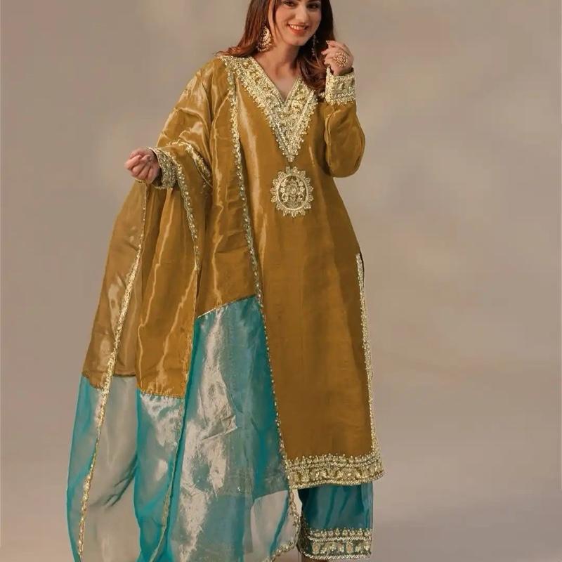 Regal Mustard-Gold Kameez Palazzo in Shimmery Tissue Silk Fabric