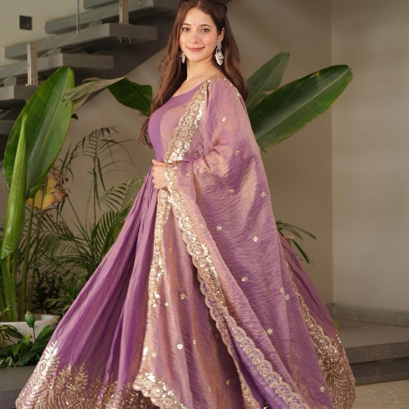 Regal Lavender Silk Anarkali  Heavy Border Work