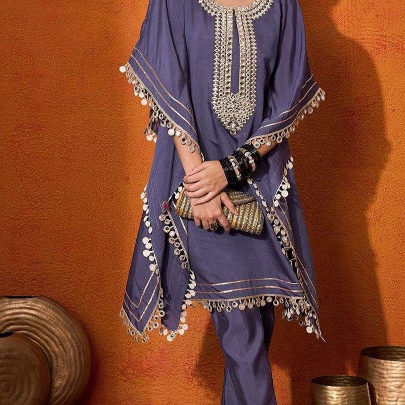Blue Embroidered Kaftan Style Kurta with Trousers Geometric Embroidery Round Neck