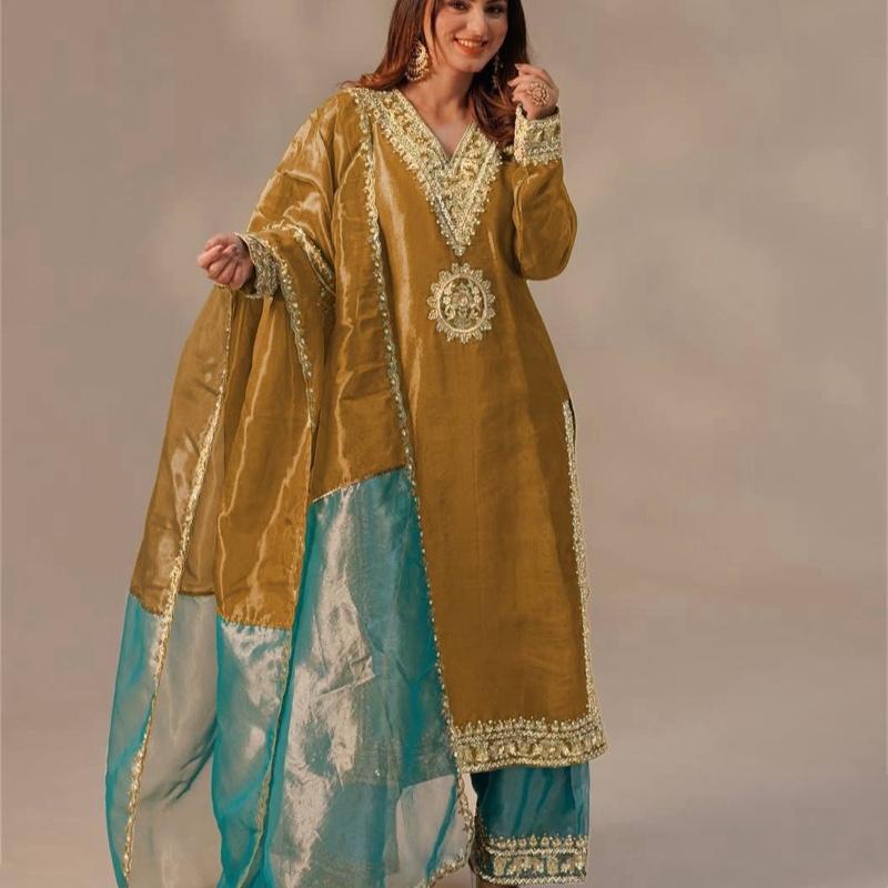 Regal Mustard-Gold Kameez Palazzo in Shimmery Tissue Silk Fabric