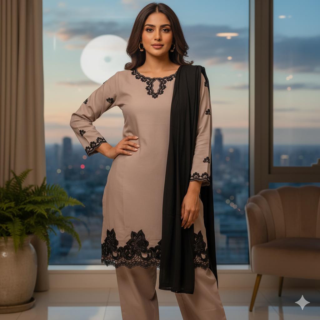 Elegant Beige Kurta Set with Black Lace Farshi Salwar