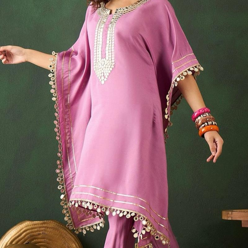 V Neck Mirror Work Kaftan Kurta with Trousers in Soft