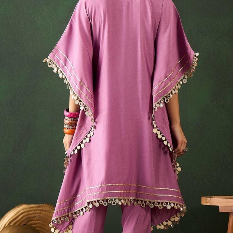 V Neck Mirror Work Kaftan Kurta with Trousers in Soft