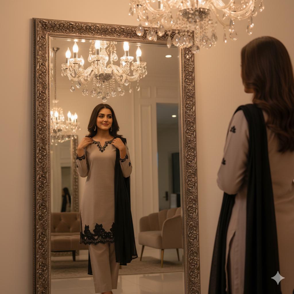 Elegant Beige Kurta Set with Black Lace Farshi Salwar