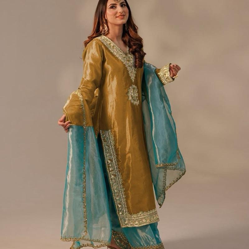 Regal Mustard-Gold Kameez Palazzo in Shimmery Tissue Silk Fabric