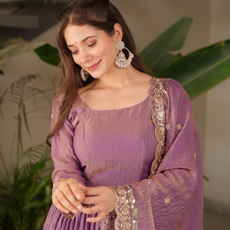 Regal Lavender Silk Anarkali  Heavy Border Work