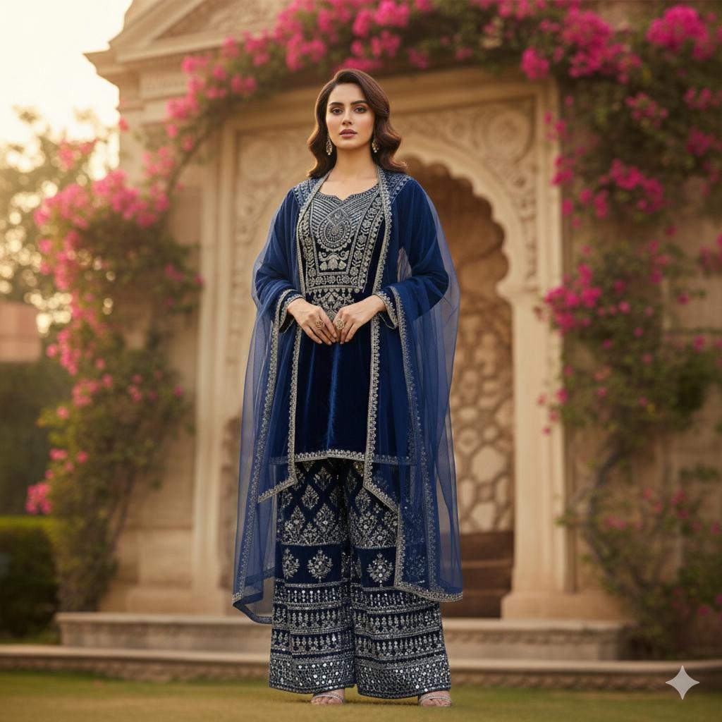 Luxe Royal Blue Velvet Suit with Intricate Embroidery
