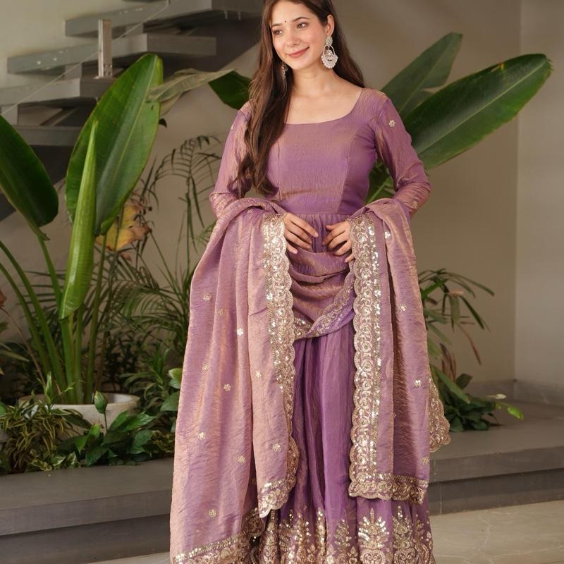 Regal Lavender Silk Anarkali  Heavy Border Work