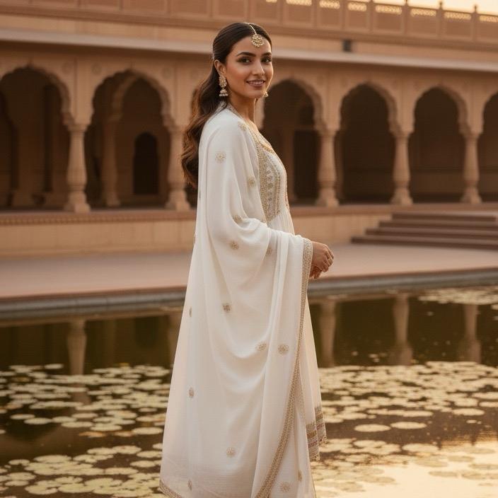 Mirror Work White 3-Piece Salwar Kameez Set