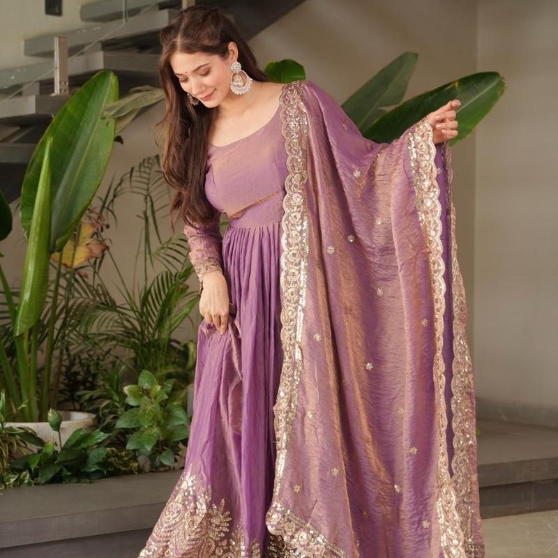 Regal Lavender Silk Anarkali  Heavy Border Work