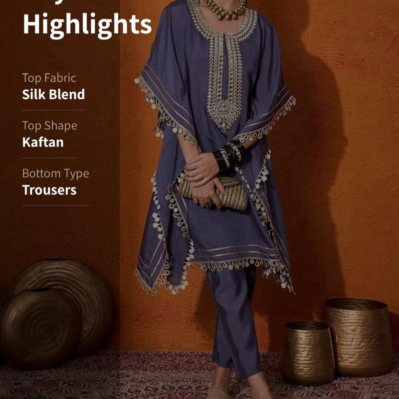 Blue Embroidered Kaftan Style Kurta with Trousers Geometric Embroidery Round Neck