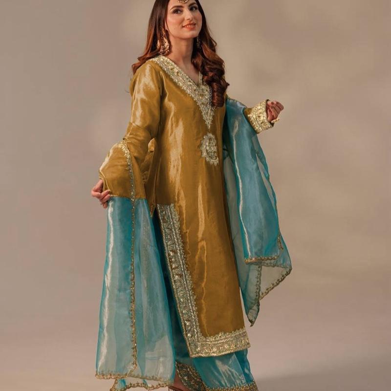 Regal Mustard-Gold Kameez Palazzo in Shimmery Tissue Silk Fabric