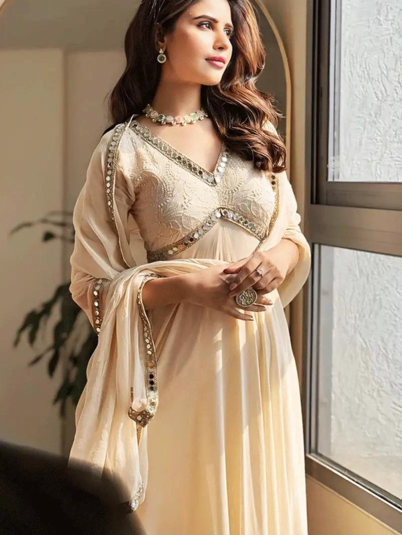 Ivory Chikankari Mirror Work Anarkali