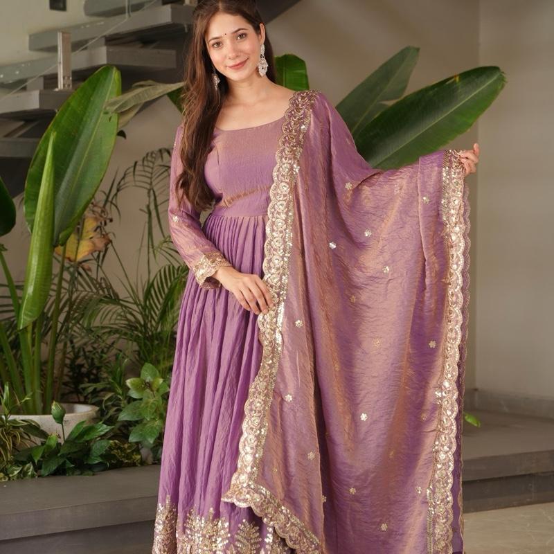 Regal Lavender Silk Anarkali  Heavy Border Work