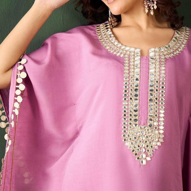 V Neck Mirror Work Kaftan Kurta with Trousers in Soft