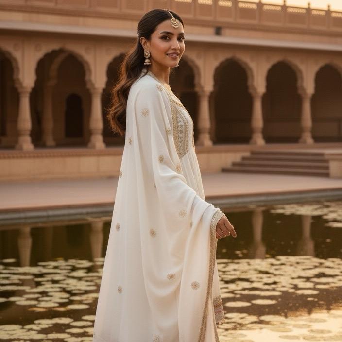 Mirror Work White 3-Piece Salwar Kameez Set